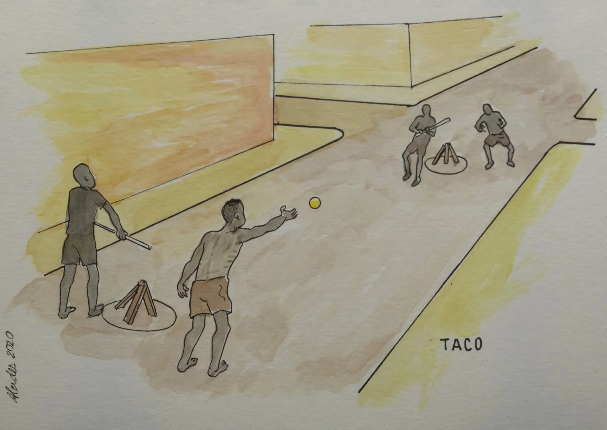 Pintura em tons de bege e amarelo mostrando um jogo de taco.