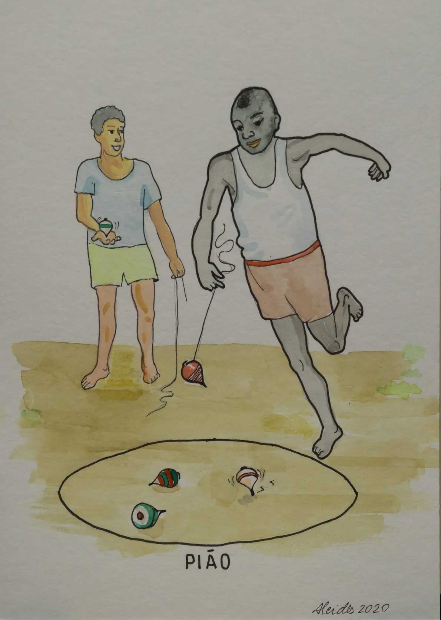 Pintura de duas pessoas jogando pião em tons pastel.
