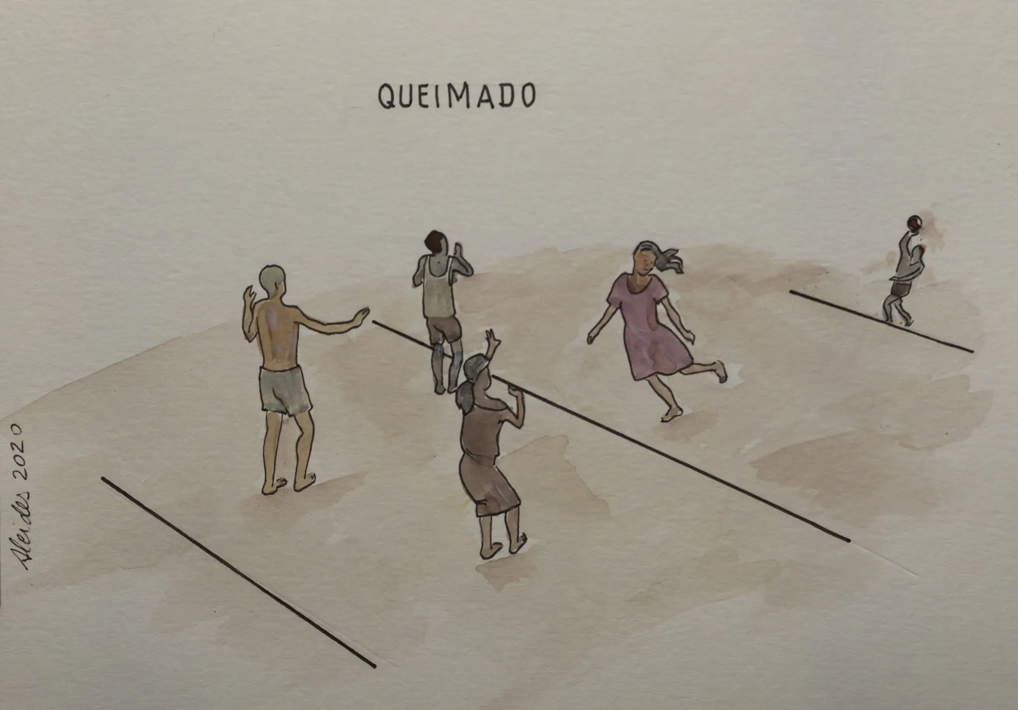 Gravura preto e branco de jogo de vôlei em 2020.