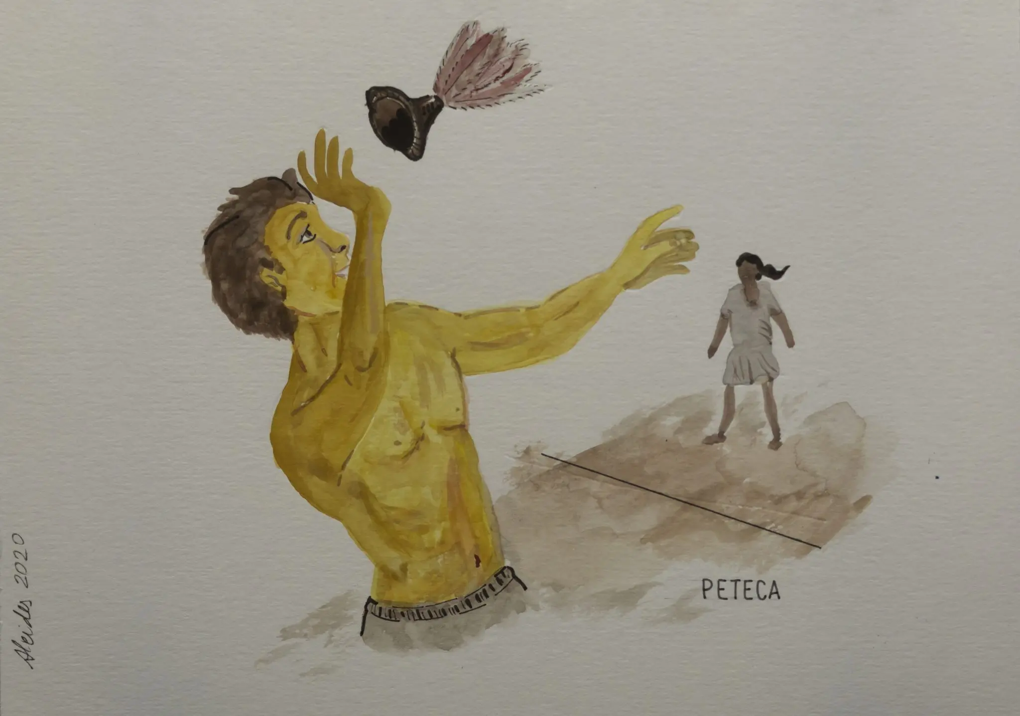 Pintura em aquarela com duas figuras humanas, uma vestida de amarelo vibrante e outra de roupas claras, fundo branco.
