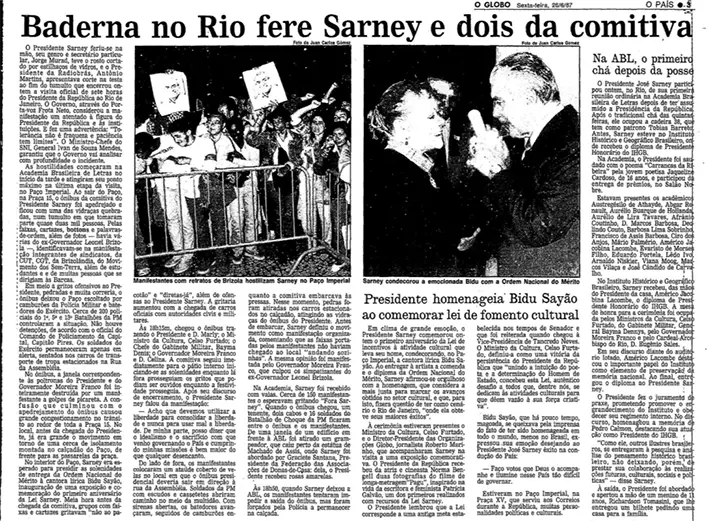 Jornal com fotos de manifestantes e evento formal, texto sobre eventos de 1987.