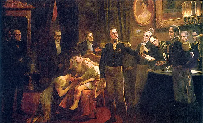 Pintura histórica retratando figura militar e mulheres em adoração.