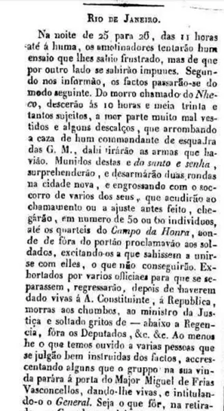 Jornal antigo em preto e branco sobre agitação no morro do Nheco em Rio de Janeiro, 25-26/12/1830.