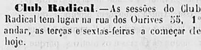 Fragmento de jornal antigo sobre sessões do Club Radical.