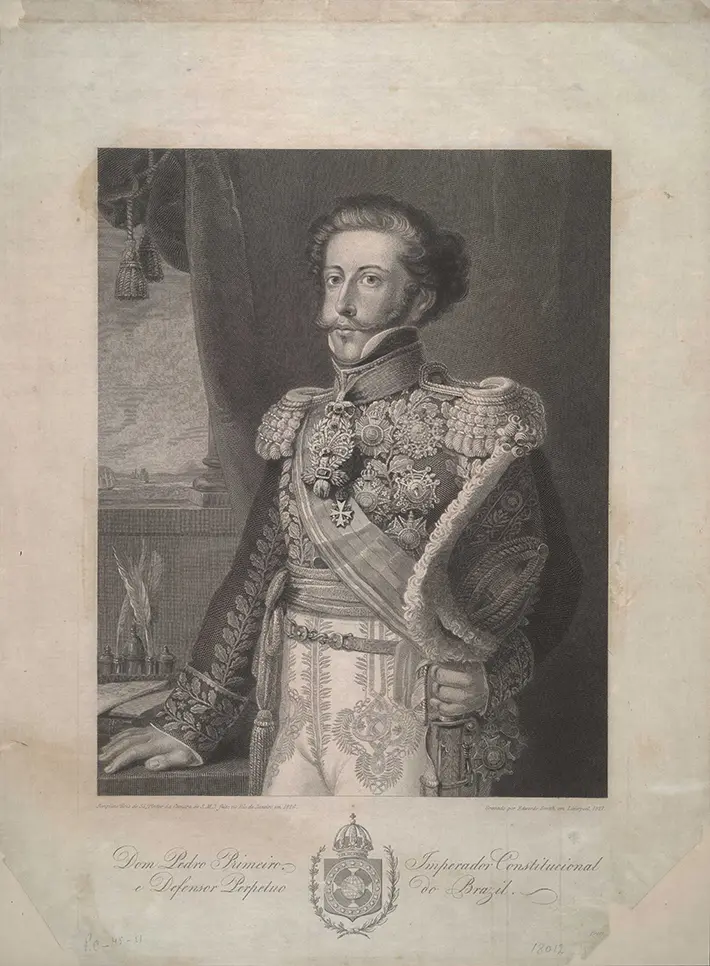 Retrato de Dom Pedro I em uniforme militar, sentado com livro e janela ao fundo.