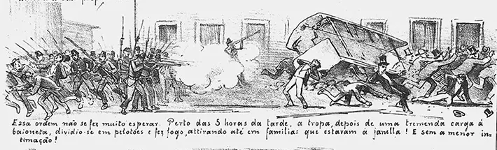 Gravura preto e branco mostra confronto entre soldados e civis.