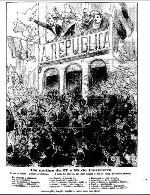 Gravura tumultuada em preto e branco, "A REPÚBLICA" em destaque.