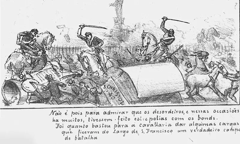 Gravura preto e branco de confronto entre soldados e pessoas em largo.
