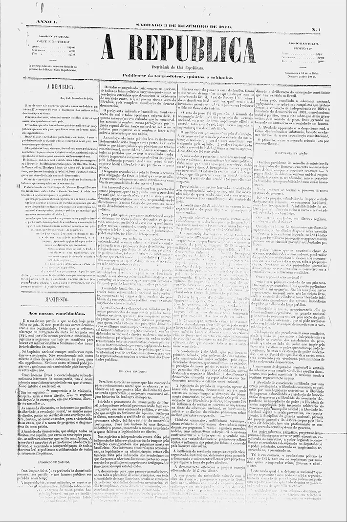 Jornal antigo "A República" de 1870, preto e branco.