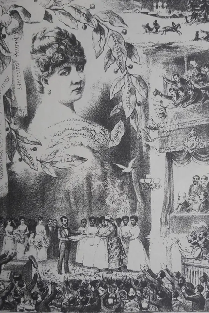 Retrato de mulher com flores, folhas e frutos; teatro ao fundo; aclamação da multidão.