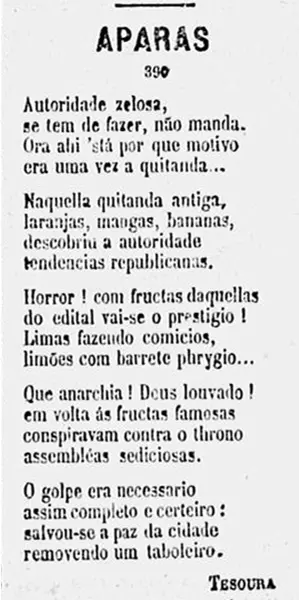 Jornal antigo em preto e branco sobre frutas e autoridades.