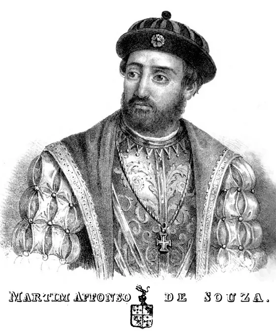 Retrato de Martim Affonso de Souza em roupas históricas, com cruz e chapéu adornado.