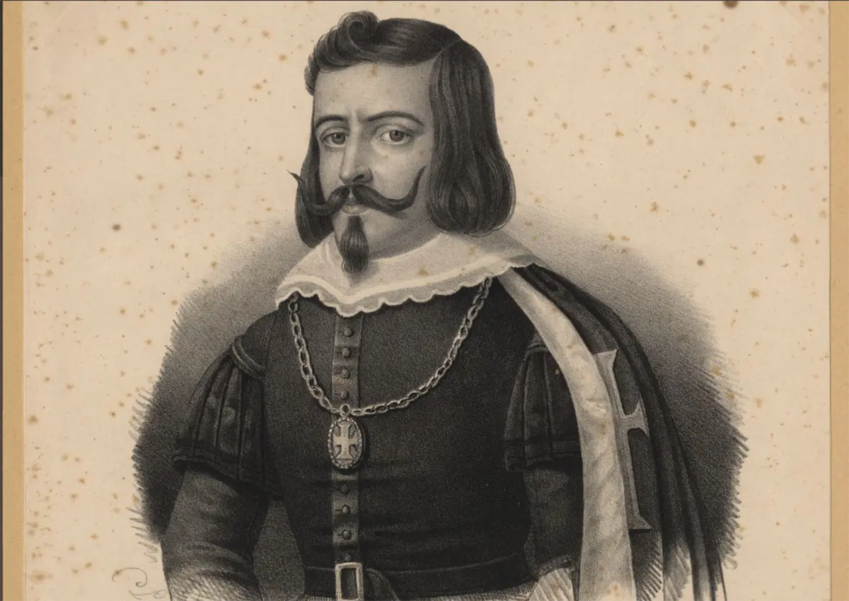 Homem histórico em litografia preto e branco.