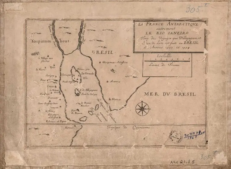 Mapa antigo mostrando aldeias e território francês na região antártica.