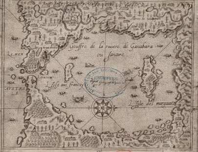 Gravura histórica em preto e branco da Baía da Guanabara, com "Ville Henry", "Ilha dos franceses" e "Ilha dos maracajás".