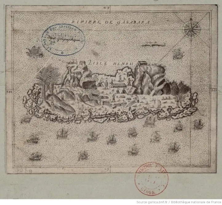 Gravura em preto e branco de uma ilha com construções e figuras humanas.