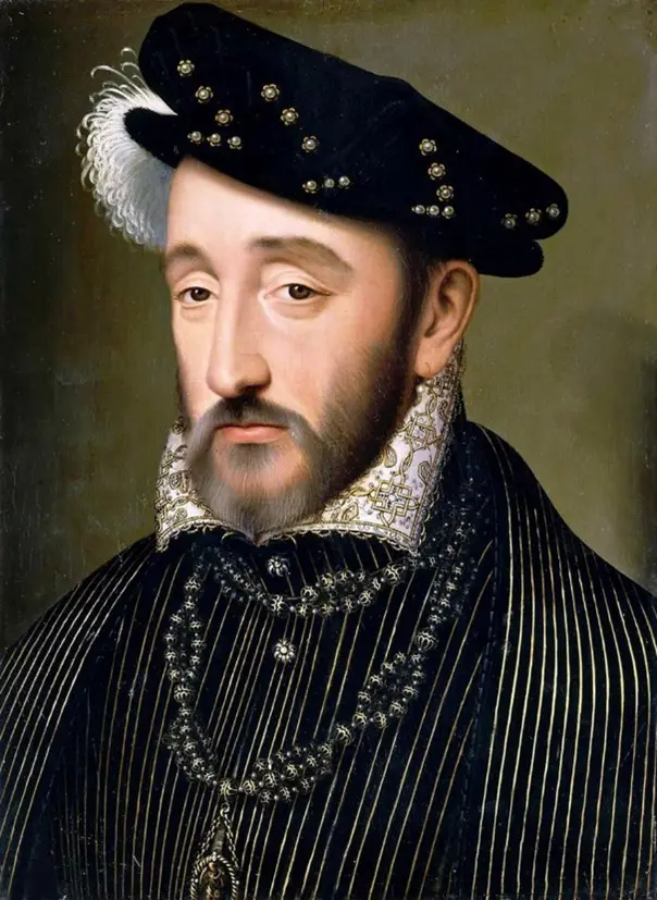 Pintura de Henrique II, rei da França, com traje ornamental dourado e chapéu preto.