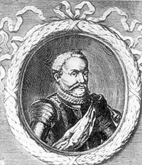 Retrato oval de Nicolas Durand de Villegagnon em armadura ornamentada.
