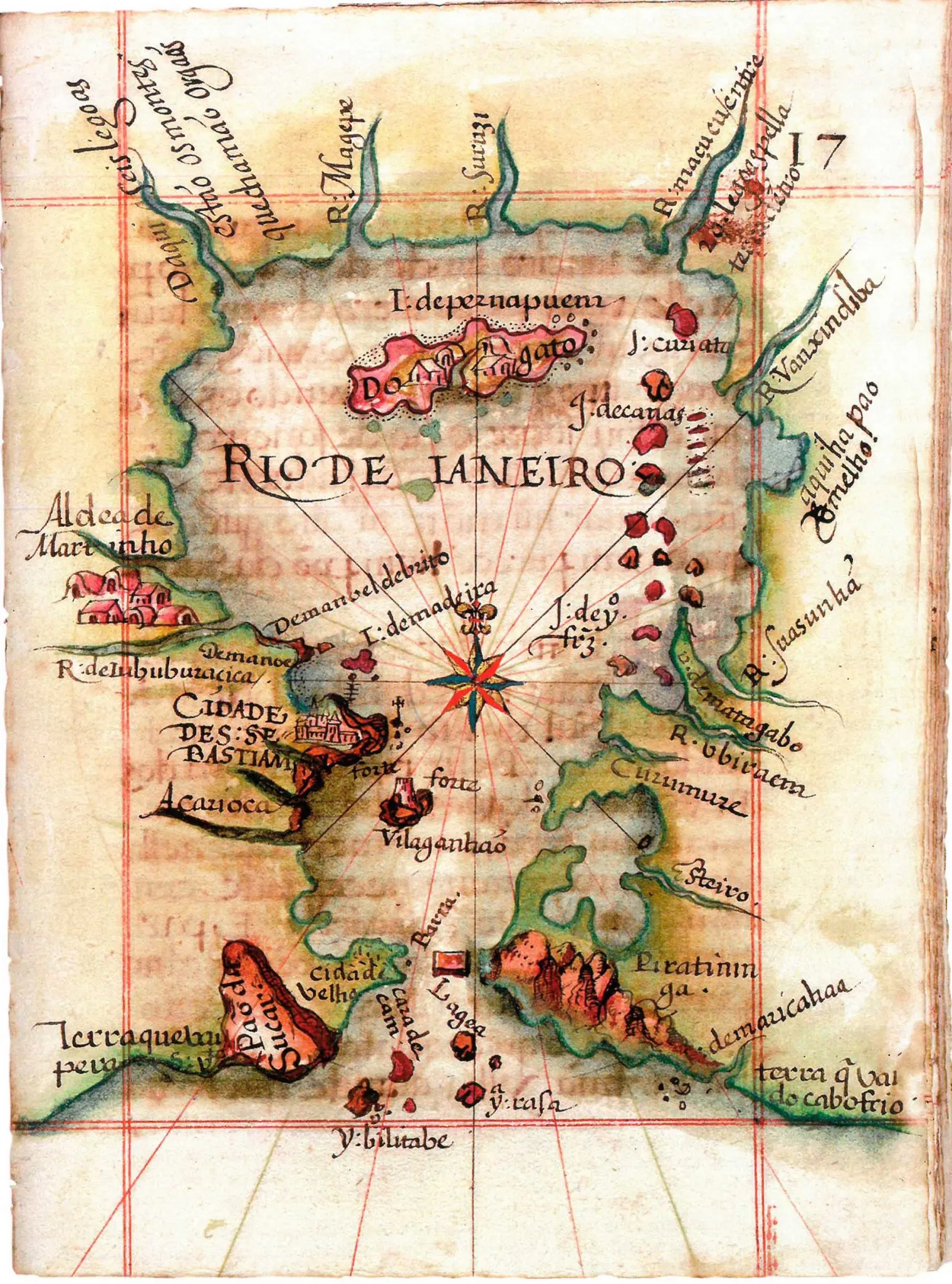Mapa antigo da Baía de Guanabara, 1574, destacando a tomada do forte Coligny.