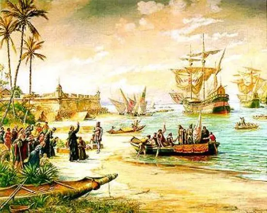 Pintura histórica de praia com barcos e fortaleza.