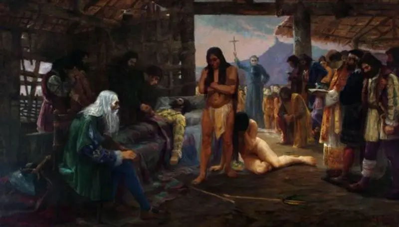 Pintura de óleo sobre tela de 1911, "A morte de Estácio de Sá", mostrando figuras humanas em um interior com tons de verde, marrom e bege.