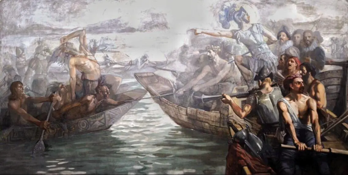 Pintura de confronto entre grupos em canoas, tons cinza e bege.