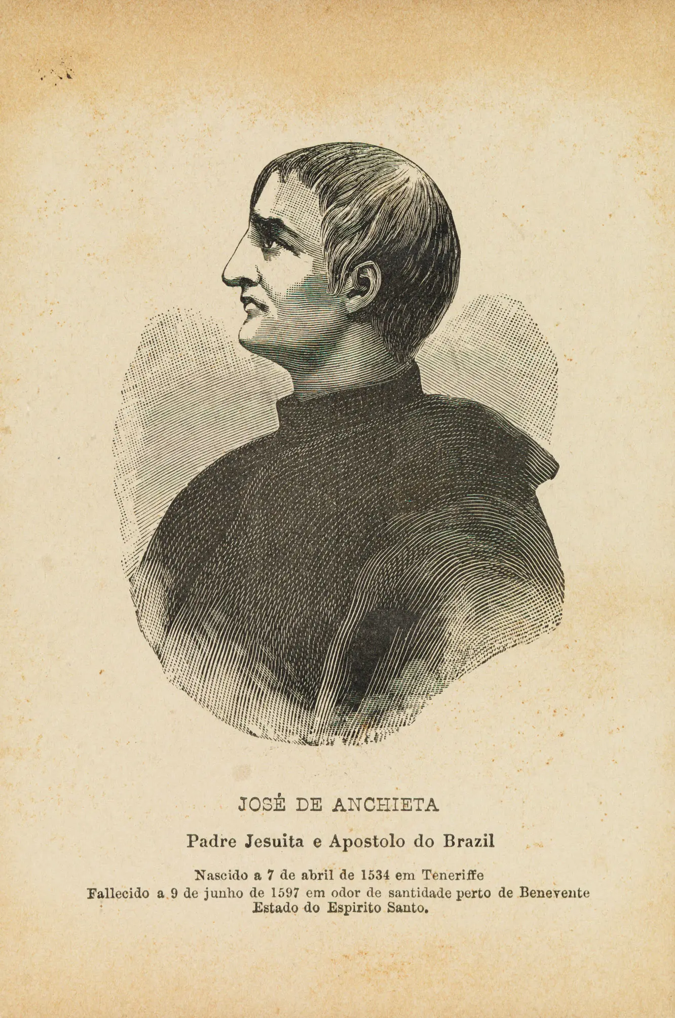 Retrato de José de Anchieta em preto e branco, fundo claro.