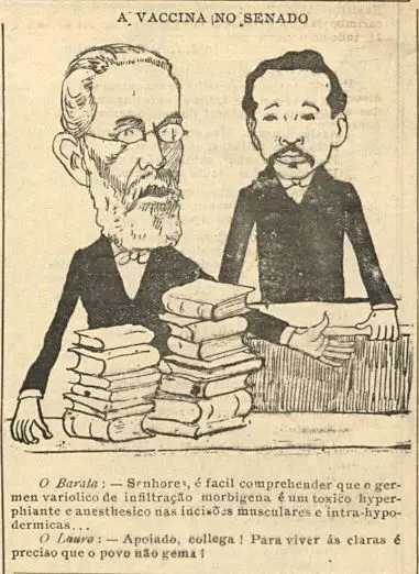 Charge em preto e branco sobre vacina no Senado, dois homens em escritório.