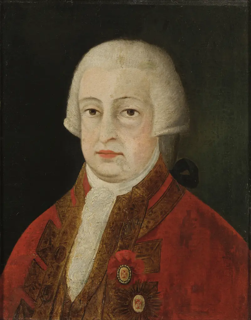 Homem formal do século XVIII, retrato centralizado, fundo preto, colete vermelho com detalhes dourados.