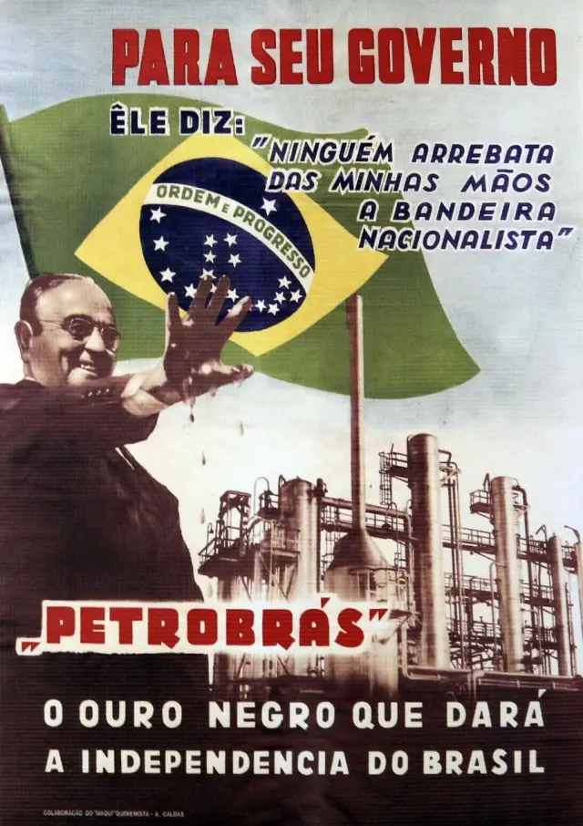 Cartaz preto e branco com figura humana e bandeira brasileira, mencionando Petrobras e independência do Brasil.