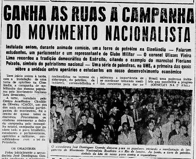 Jornal de 1957 sobre Campanha Nacionalista, com descrição de comício na Cinelândia e foto de pessoas reunidas.