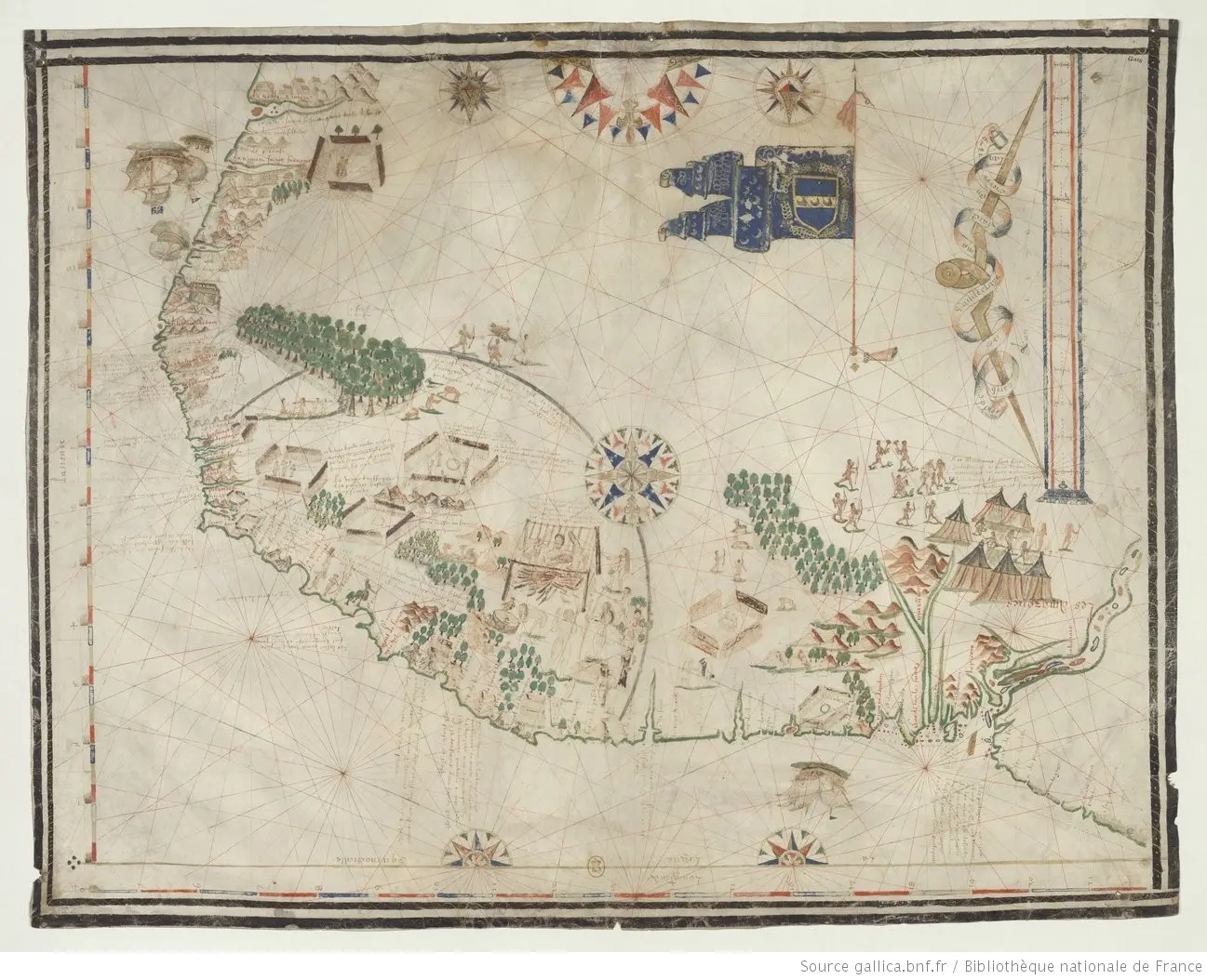 Mapa antigo com casas, vegetação e figuras humanas.