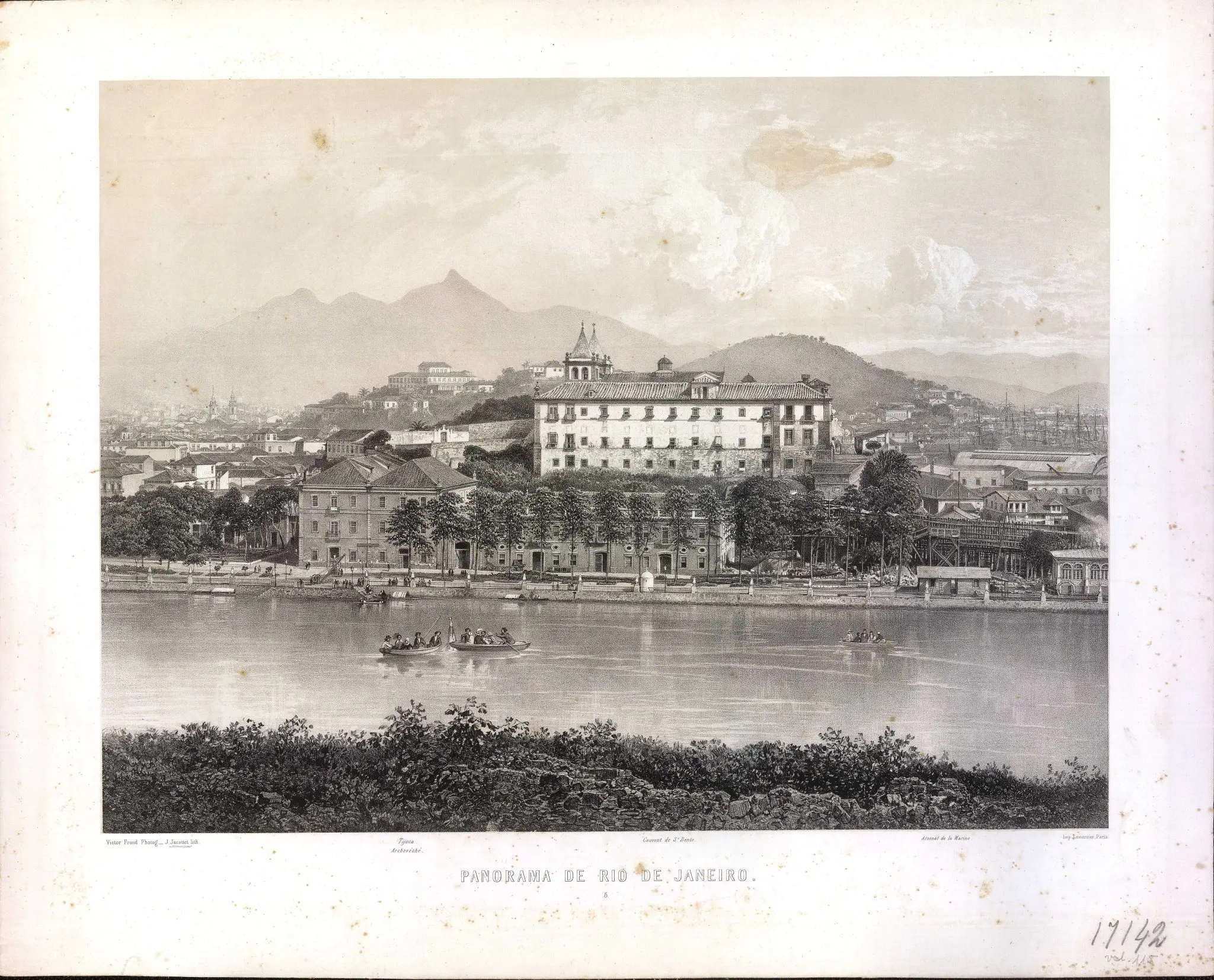 Gravura preto e branco de Panorama de Rio de Janeiro