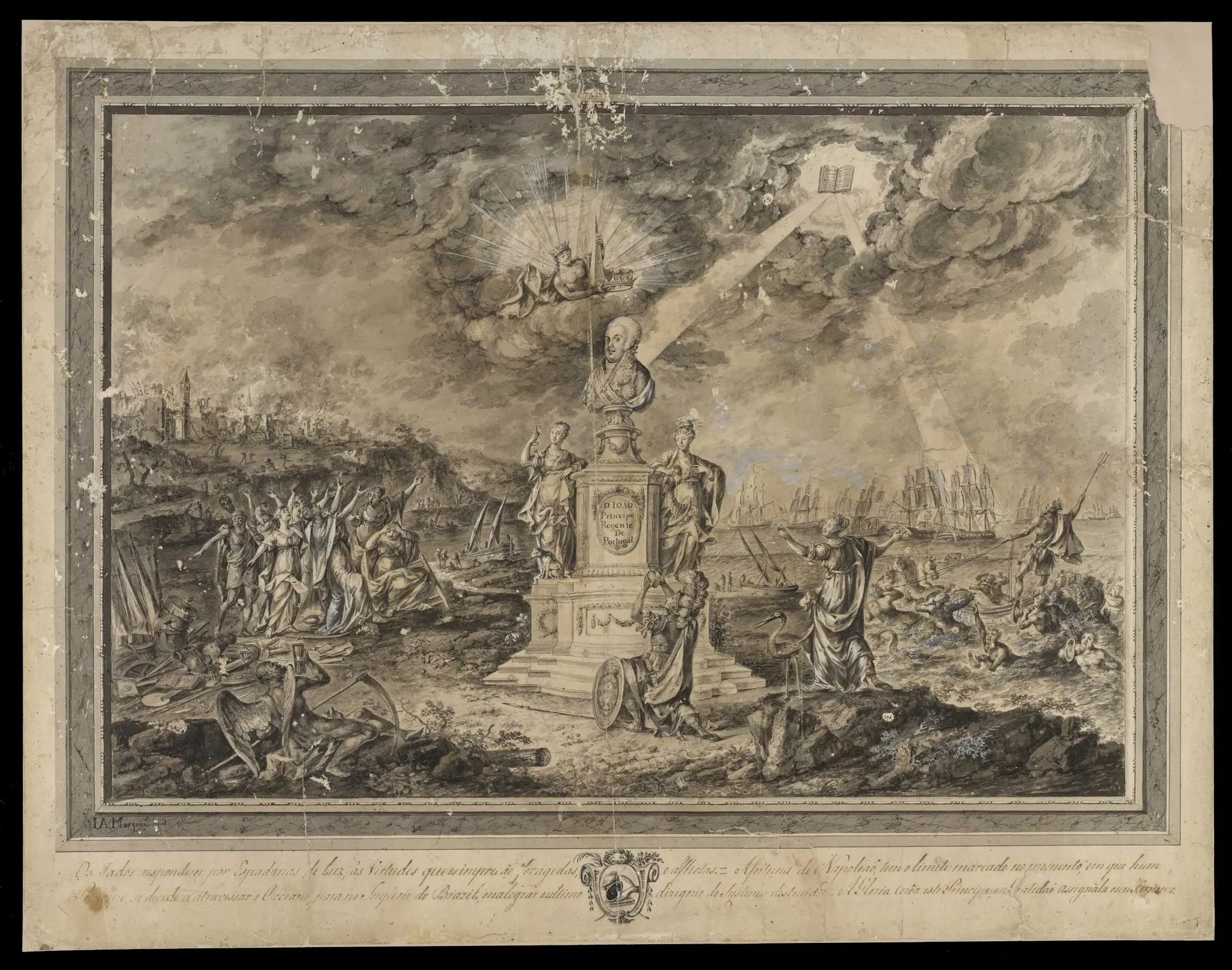 Gravura histórica em preto e branco, celebração mitológica com figuras antiguas e navios.