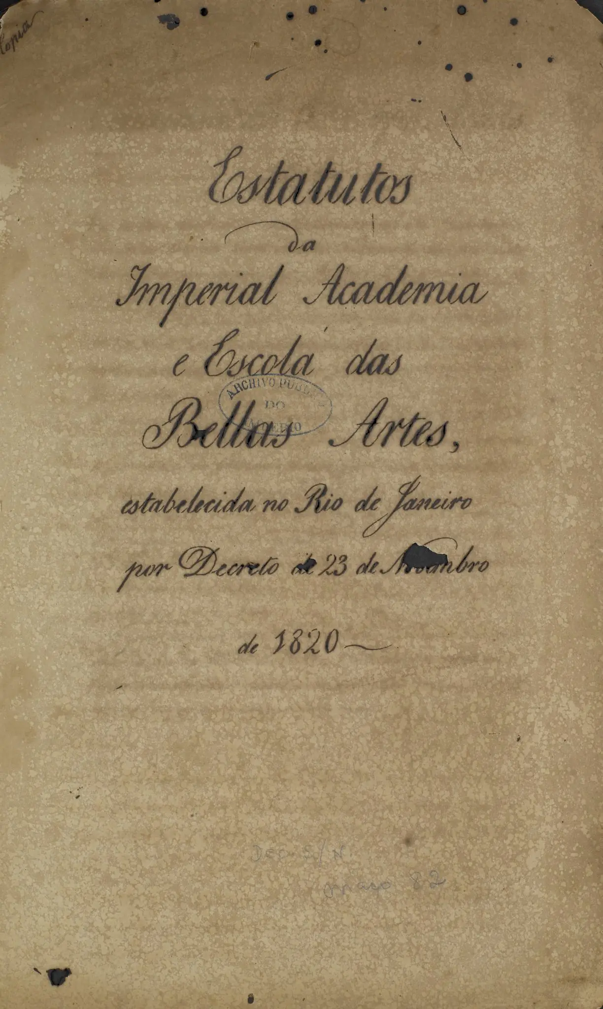 Documento antigo sobre as Bellas Artes no Rio de Janeiro.