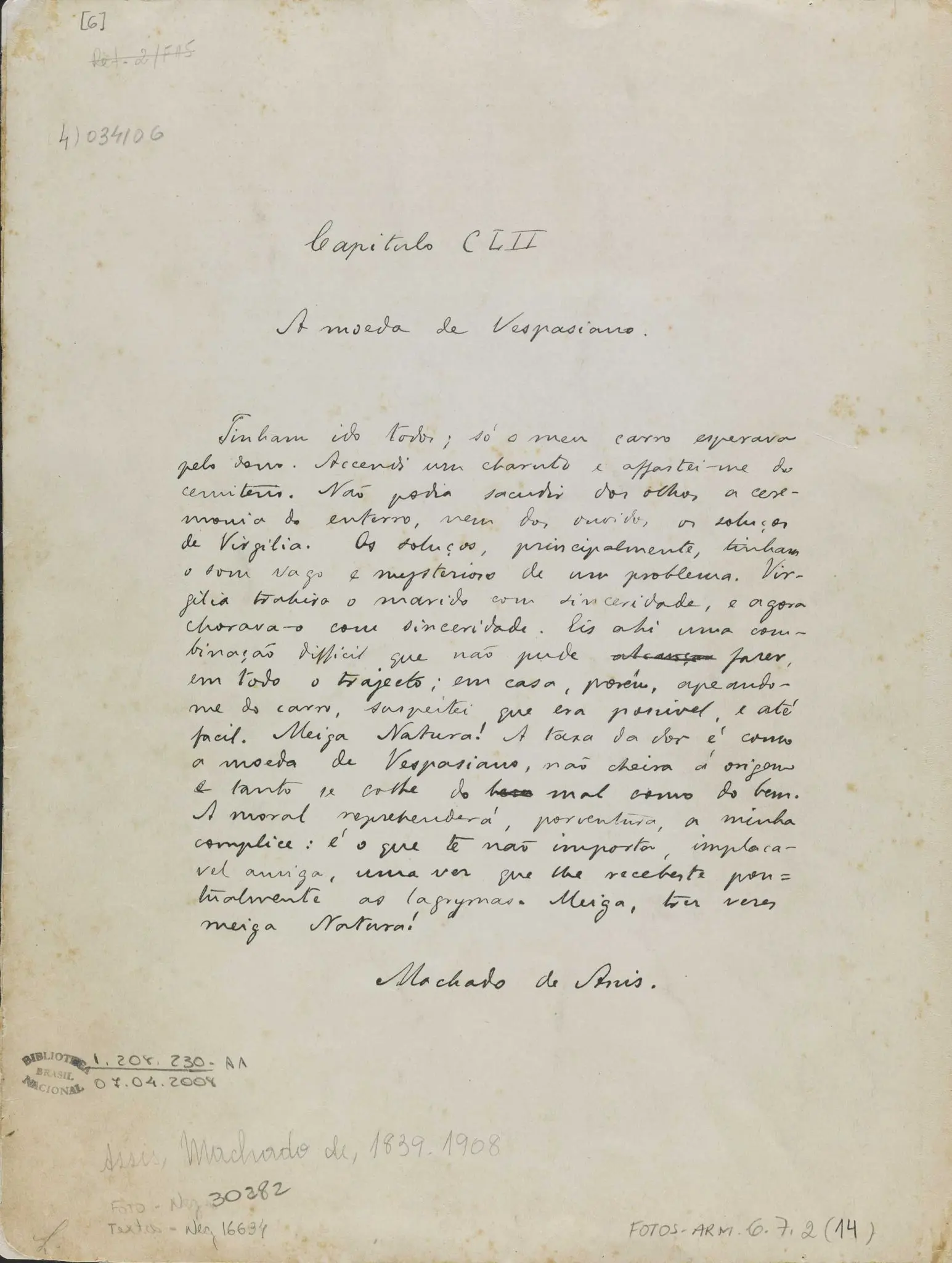 Manuscrito antigo com título e assinatura.