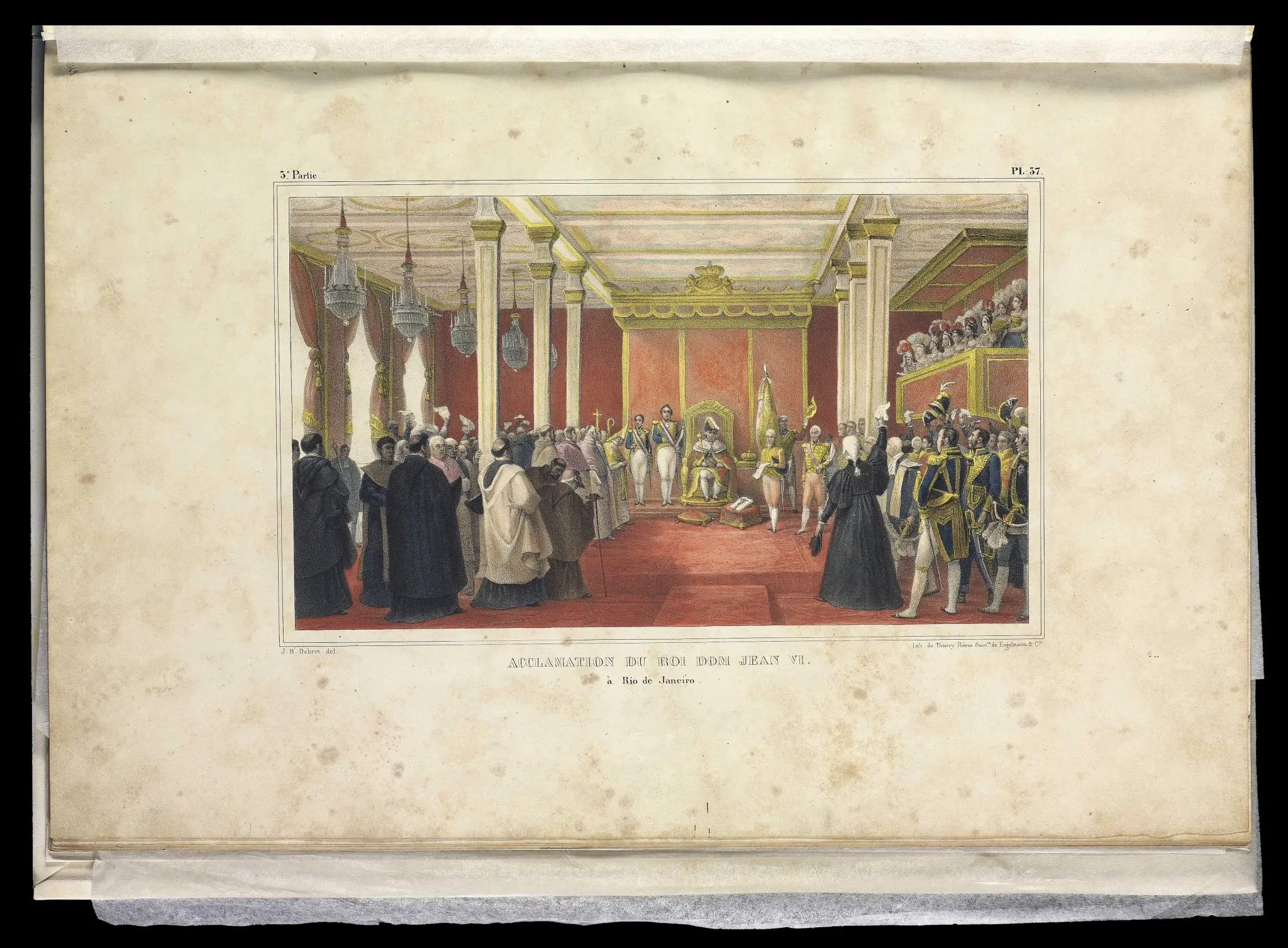 Gravura colorida de aclamação de D. João VI em salão grandioso.