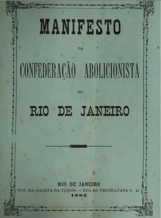 Cartaz azul com título "Manifesto da Confederação Abolicionista do Rio de Janeiro" de 1883.