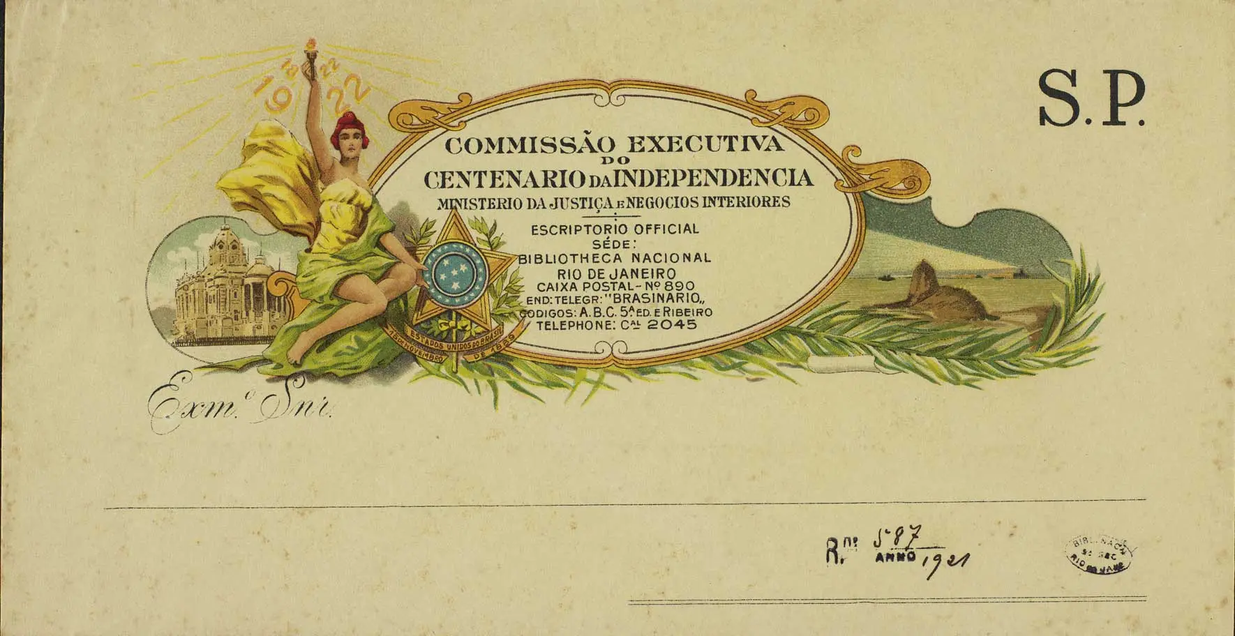 Cartão postal com figura feminina e montanha.