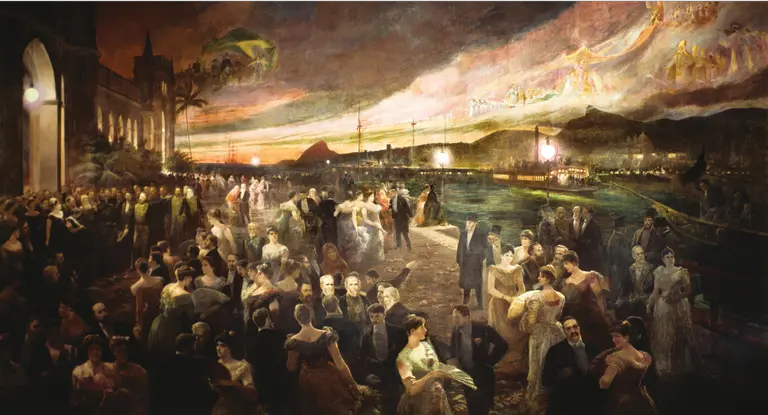 Pintura de baile na Ilha Fiscal com pessoas elegantes dançando.