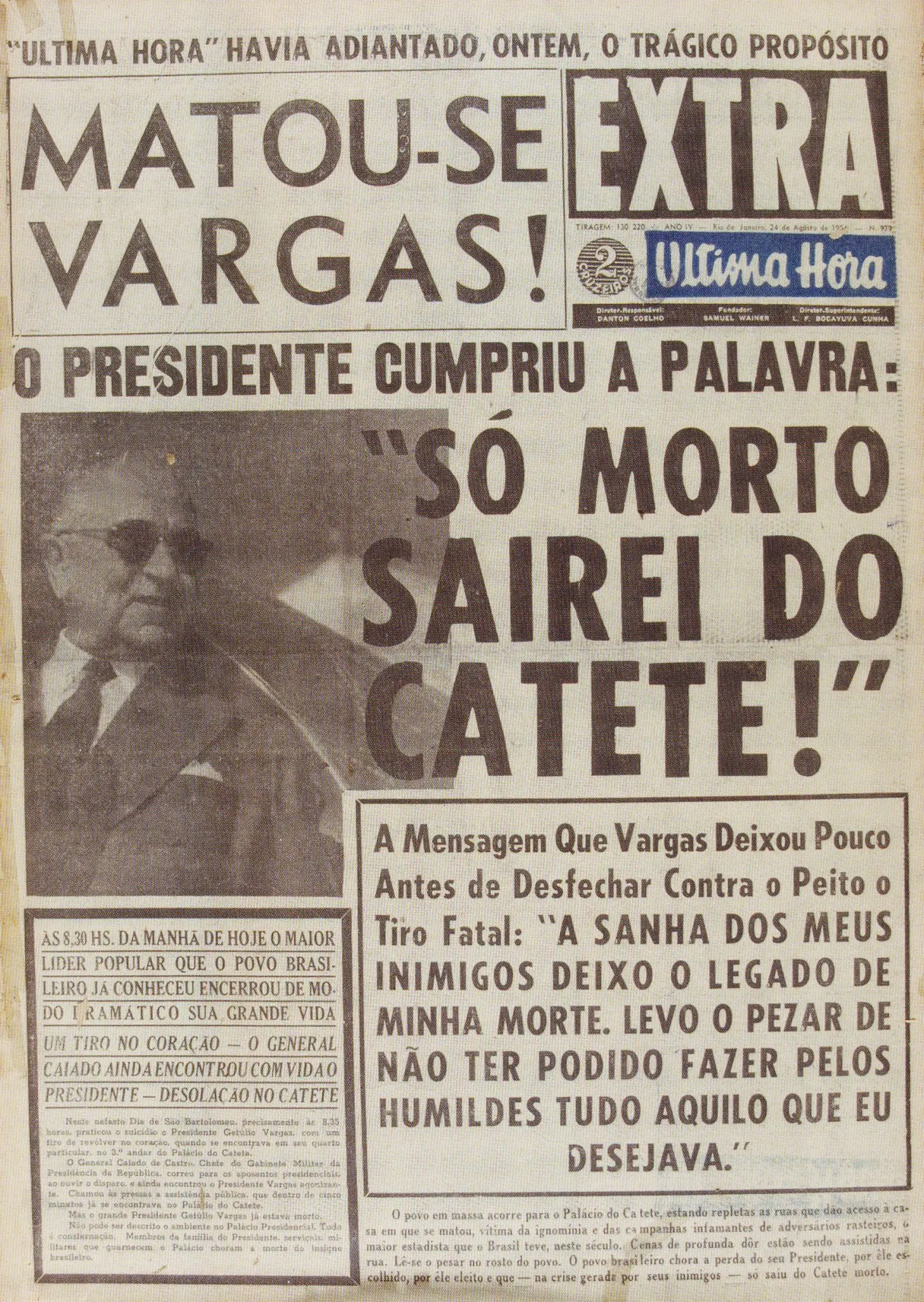 Jornal em preto e branco destaca morte de Getúlio Vargas.