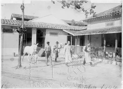 Edifícios históricos com árvore e figura de cavalo, 1906.