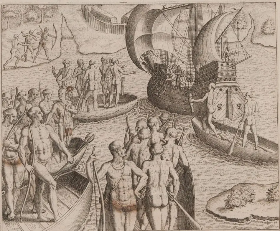Navio com figuras humanas em conflito em um rio.