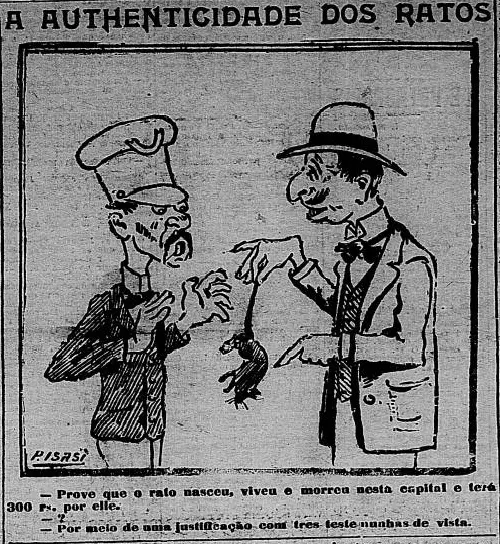 Charge preto e branco de 1904 sobre ratos em uma cidade.