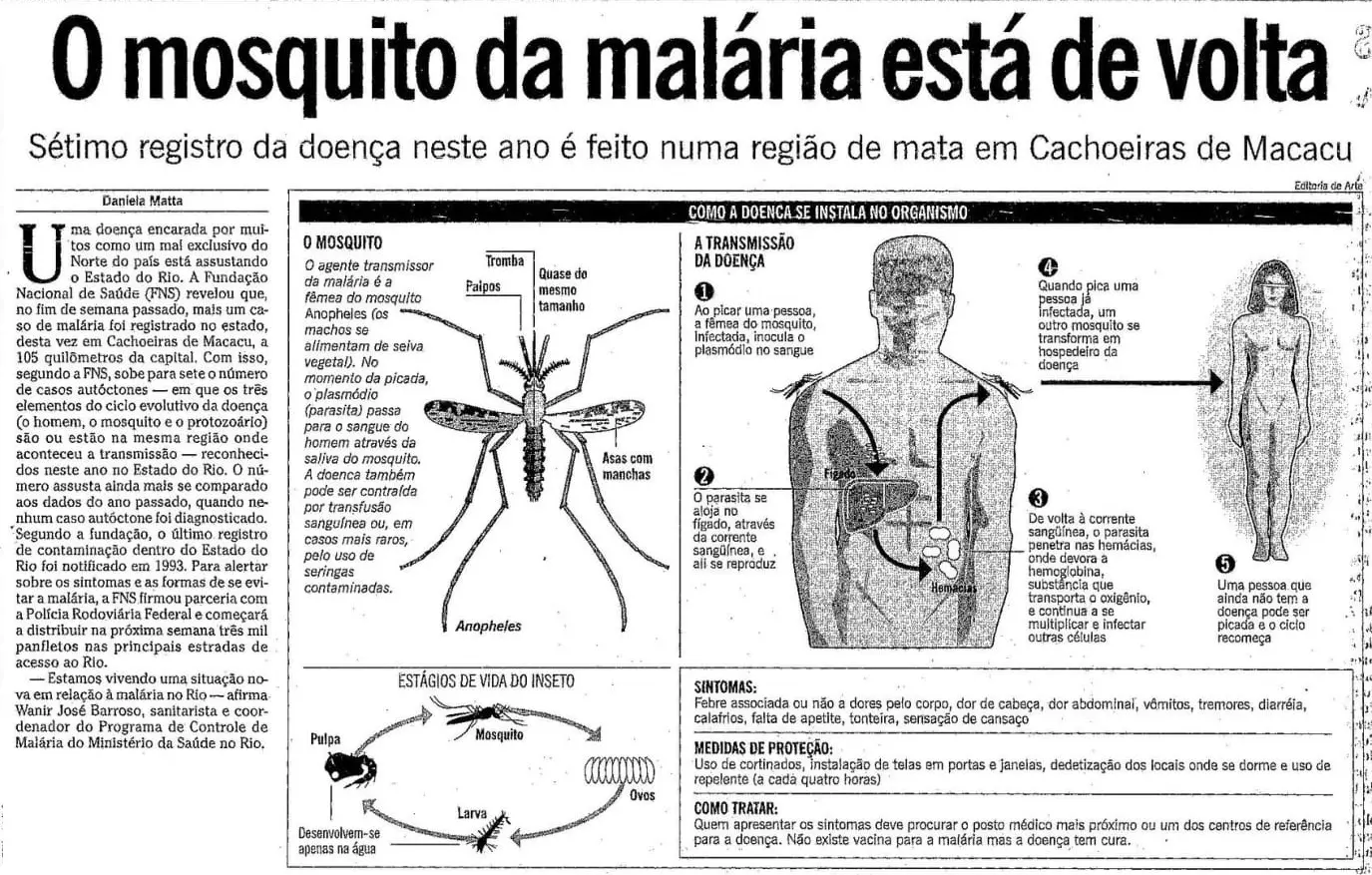 Jornal sobre malária com ilustrações e texto explicativo.