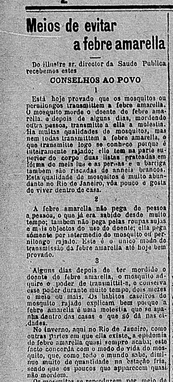 Jornal antigo em preto e branco sobre prevenção da febre amarela.