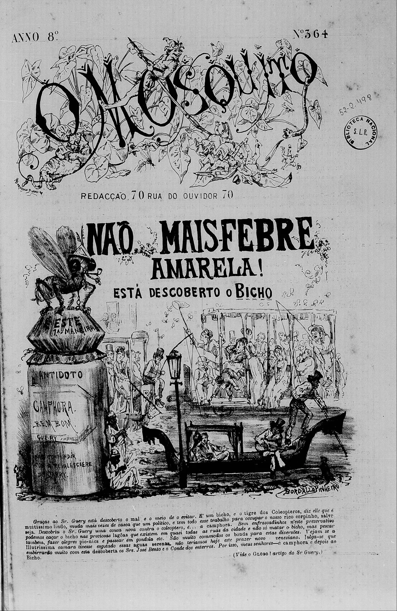 Gravura festiva com pessoas dançando e conversando, inseto e teatro ao fundo.