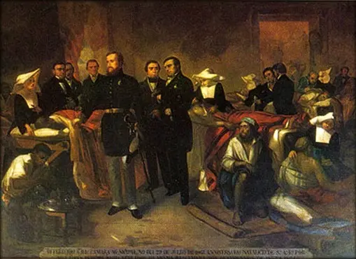 Pintura de Moreaux mostra Dom Pedro visitando pacientes com cólera.