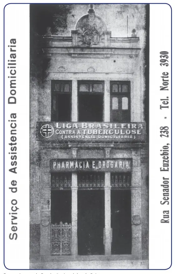 Edifício antigo com logotipo da Liga Brasileira Contra a Tuberculose.