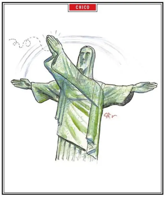 Monumento famoso com figura em túnica verde, braços estendidos formando cruz, movimento sugestivo.